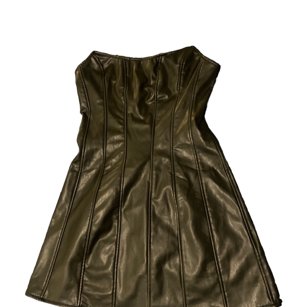 Women’s forever 21 Black Faux Leather Spooky Strapless Flare Sexy Dress Small
